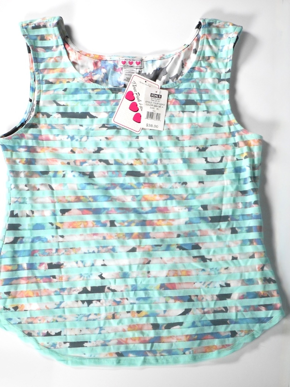 NWT Kohls Three Pink Hearts Mint Stripe Sz XL Tank Top Mesh 2-Layer Kohls Floral